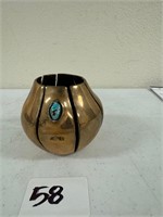 Bronze Vessel  w/ Turquiose by Ortiz 4" x 4"