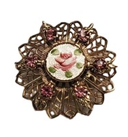 STUNNING VINTAGE ENAMEL ROSE PINK CRYSTAL BROOCH