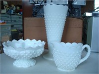 Hobnail vase, small pitcher and Fenton candle bowl