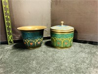 Vintage Brass Enamel Canister & Bowl