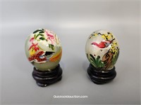 2- Jade Intricate Hand Painted Bird Scene Eggs & S