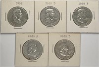 Lot of 5: Franklin Half Dollars