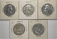 Lot of 5: Franklin Half Dollars