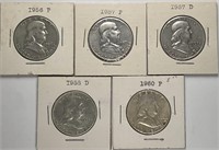 Lot of 5: Franklin Half Dollars