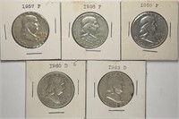 Lot of 5: Franklin Half Dollars