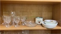Shelf lot includes glass pitcher in a fruit theme
