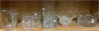 Shelf lot of glassware includes modern pitcher