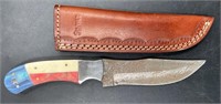 Damascus Hunting Knife Texas Flag Handle w Sheath