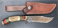 Damascus Stag Blade Knife Antler Handler w Sheath