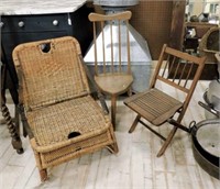 Primitive Stool and Folding Fishing Chairs.