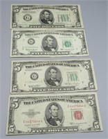 (4) $5 Notes. Dates include 1953-B red seal,