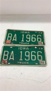 Matched pair Iowa green 1975 truck license plates