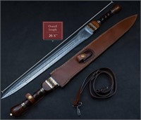 27" Damascus Roman Sword Rose Wood Leather Sheath