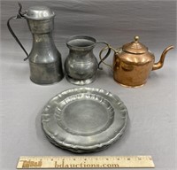 Pewter Flagon; Measure & Plates; Copper Kettle