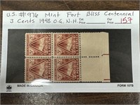 976 STAMP BLOCK FORT BLISS CENT 3C OG NH