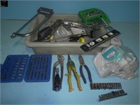 Tub w/ pliers, Tin Snips, small sockets , Bit Set,