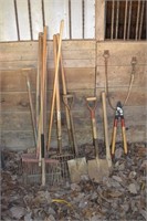 Tool lot: 6 forks, 3 shovels, etc.; as is