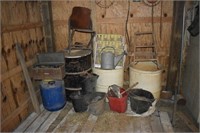 Lot: buckets, barrels, tools, etc.; as is