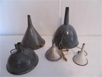 (5) Old funnels: (4) Enamelware and (1) Tin. They