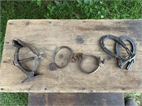 OLD HANDCUFFS WITH KEYS/ HORSE SHOES ETC