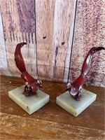 S/2 Art Deco Spelter Metal Pheasant Figurines