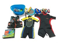Pool toys, life vest, and wet suits
