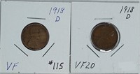 2  1918-D  Lincoln Cents   VF