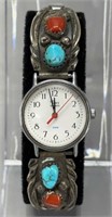Navajo Sterling Silver Turquoise & Coral Timex