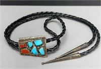 Wayne C. Navajo Sterling, Turquoise & Coral Bolo