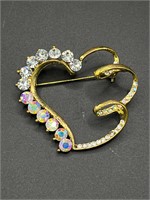 Gold toned and clear heart brooch