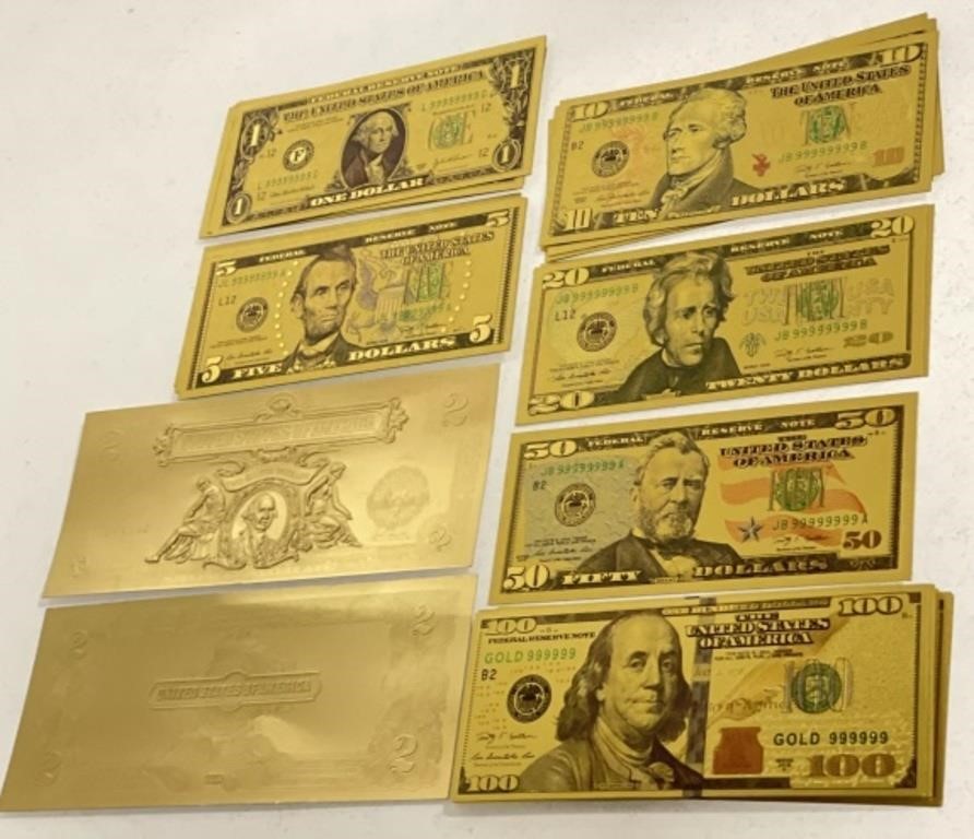 Gold Foil US Faux Currency: $100 - $1