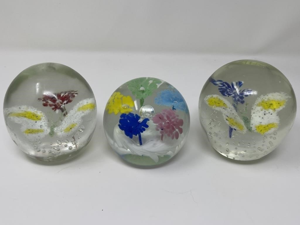 3 Glass Flower & Butterfly Paperweights