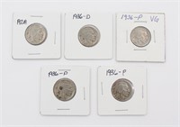 (5) 1928 & 1936-D & P Buffalo Nickel Coins