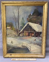 Antique Winter Scene Oil Painting