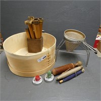 Wooden Cheese Box, Spools, Colander, Etc