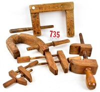 5 primitive wood clamps, various sizes