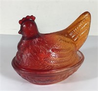 RED GLASS CHICKEN ON A NEST GLASS