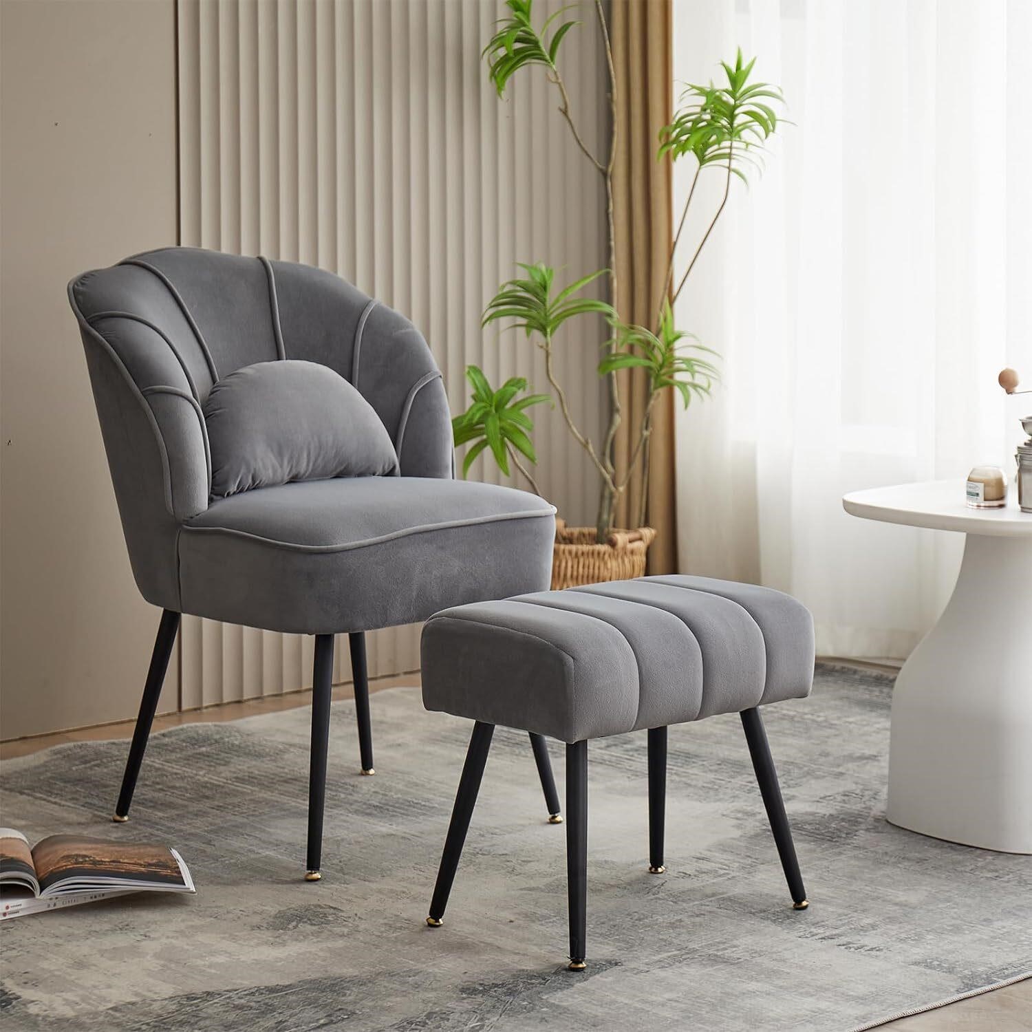 Velvet Accent Chair with Ottoman  Grey