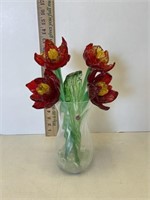 GLASS VASE WITH ART GLASS FLOWERS