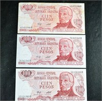 (3) CIEN $100 PESOS ARGENTINA BANK NOTES BILLS