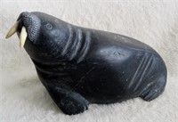 Inuit Soapstone Walrus Carving - Bone Tusks