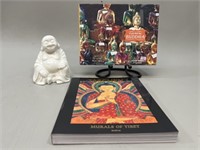 Asian Buddha Ceramic Figure and 2 Buddha Books