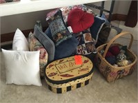 basket, decorative pillows, hat box, etc.