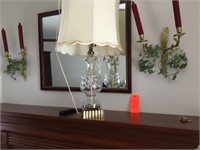 metal wall candle sticks, wall mirror, glass lamp