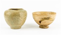 Antique Korea Celadon Pottery Wine Bowl & Vase
