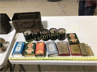 Lg. Lot vintage powder cans, GI Ammo cans,