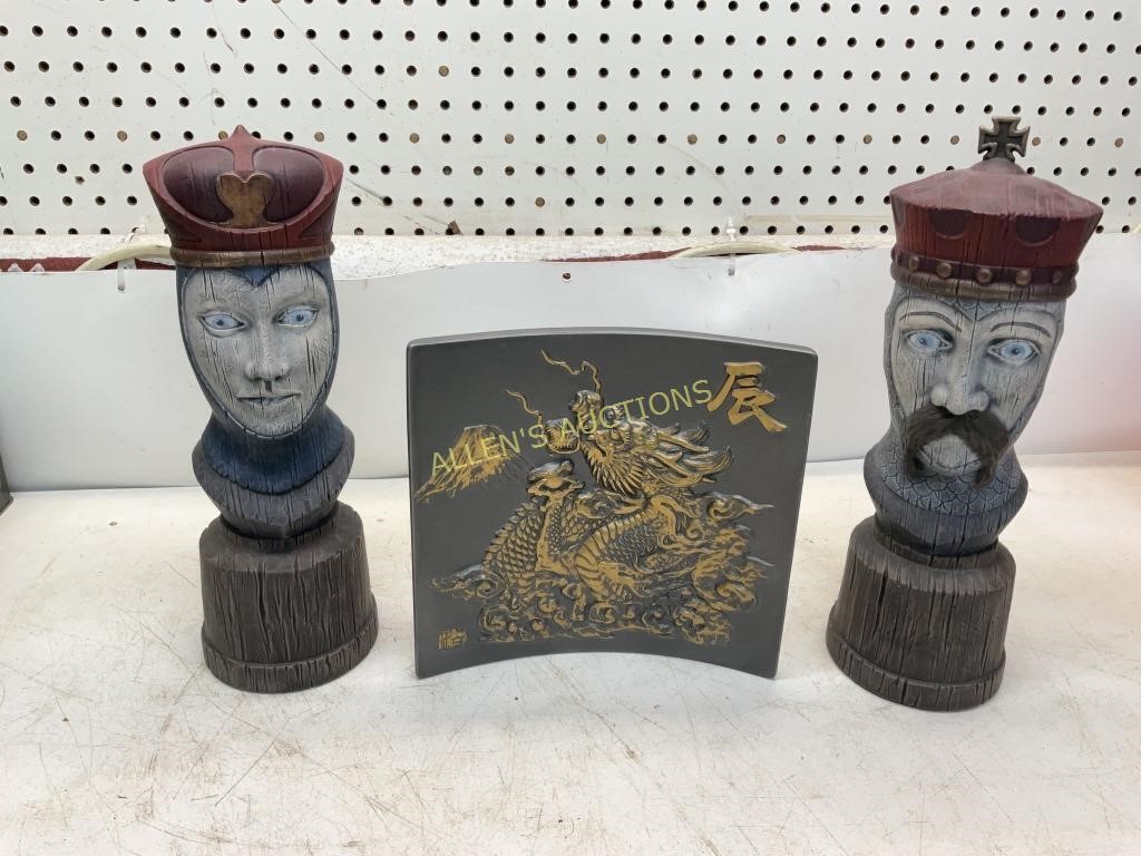 ORIENTAL TILE AND 2 CHESSMEN