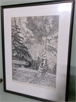 ART-Original Lithograph B & W Landscape framed