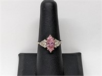 .925 Sterling Silver Pink/Clear Stone Ring