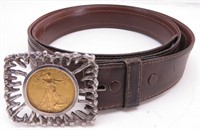 1914 Gold Plated $20 Coin Belt Buckel & Leather